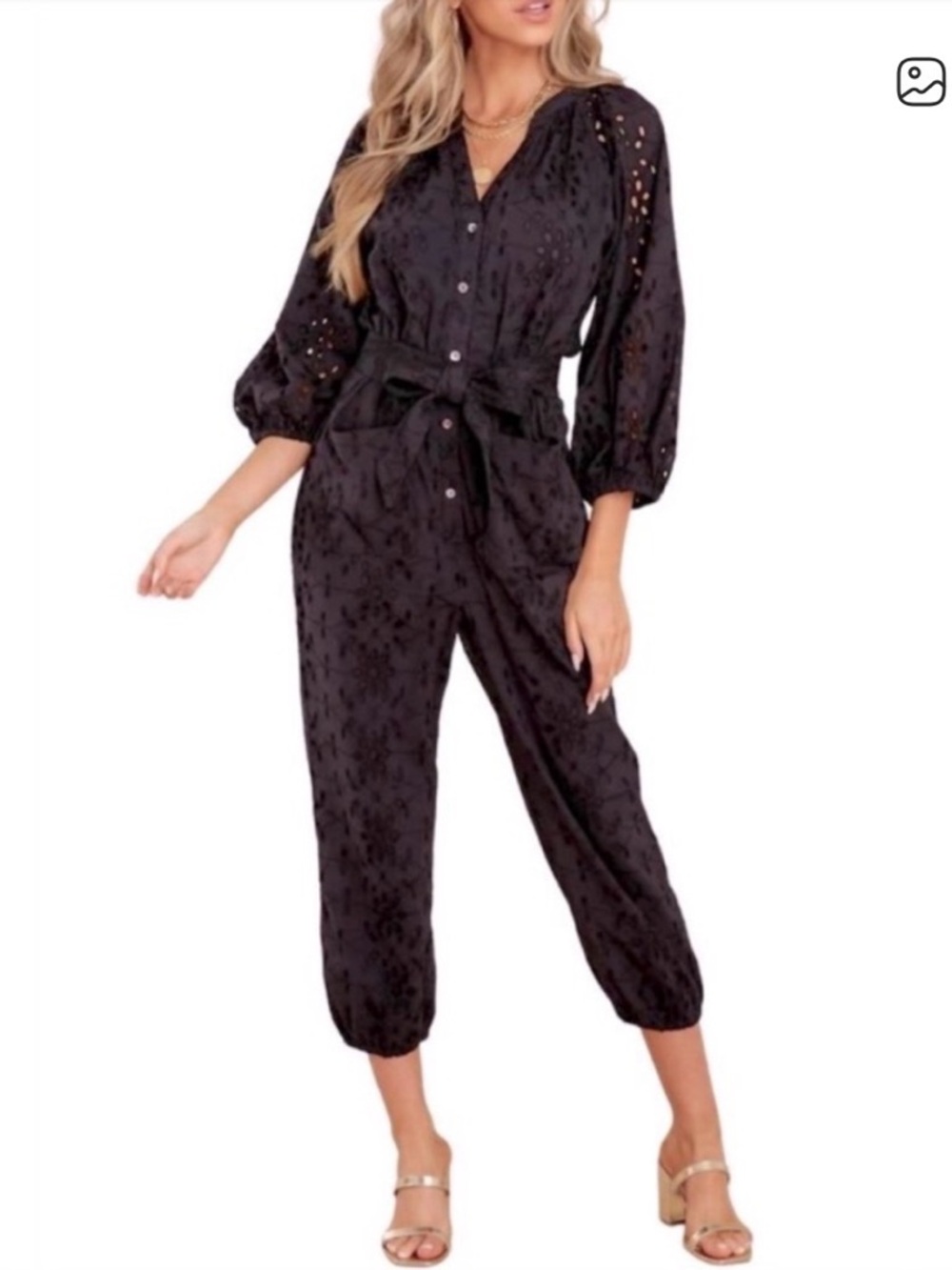 Cleobella Penelope 100% Organic Cotton Eyelet Wide Leg Jumpsuit Black Medium
